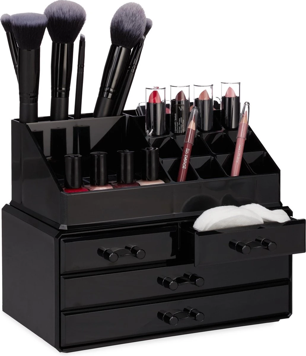 Relaxdays Make-up Organizer - Tweedelig - Cosmetica Opbergdoos + Lippenstift Houder - Zwart 3 Relaxdays Make-up Organizer - Tweedelig - Cosmetica Opbergdoos + Lippenstift Houder - Zwart