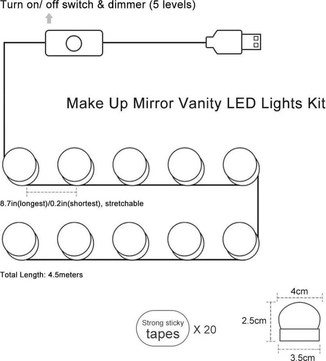 Merkloos LED Spiegel | 10 LEDS | Make-up Spiegel | Helderheid Aanpasbaar | USB Voeding | Geheugenfunctie 8 Merkloos LED Spiegel | 10 LEDS | Make-up Spiegel | Helderheid Aanpasbaar | USB Voeding | Geheugenfunctie - Afbeelding 6