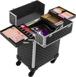 Cosmetische Koffer, Trolley, Make-up Case Met Handvat, 4 Universele Wielen, 4 Uitschuifbare Dienbladen, Make-up Tas, Voor Reizen, Zwart 12 Cosmetische Koffer, Trolley, Make-up Case Met Handvat, 4 Universele Wielen, 4 Uitschuifbare Dienbladen, Make-up Tas, Voor Reizen, Zwart -Max Factor Winkel 1192x1200 12