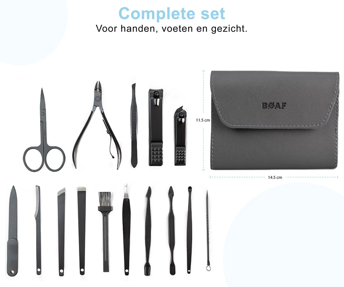 Merkloos Luxe 16-delige | Manicure Set | Met Lederen Opbergetui | Manicureset | Nagelknipper | Grijs 4 Merkloos Luxe 16-delige | Manicure Set | Met Lederen Opbergetui | Manicureset | Nagelknipper | Grijs - Afbeelding 2