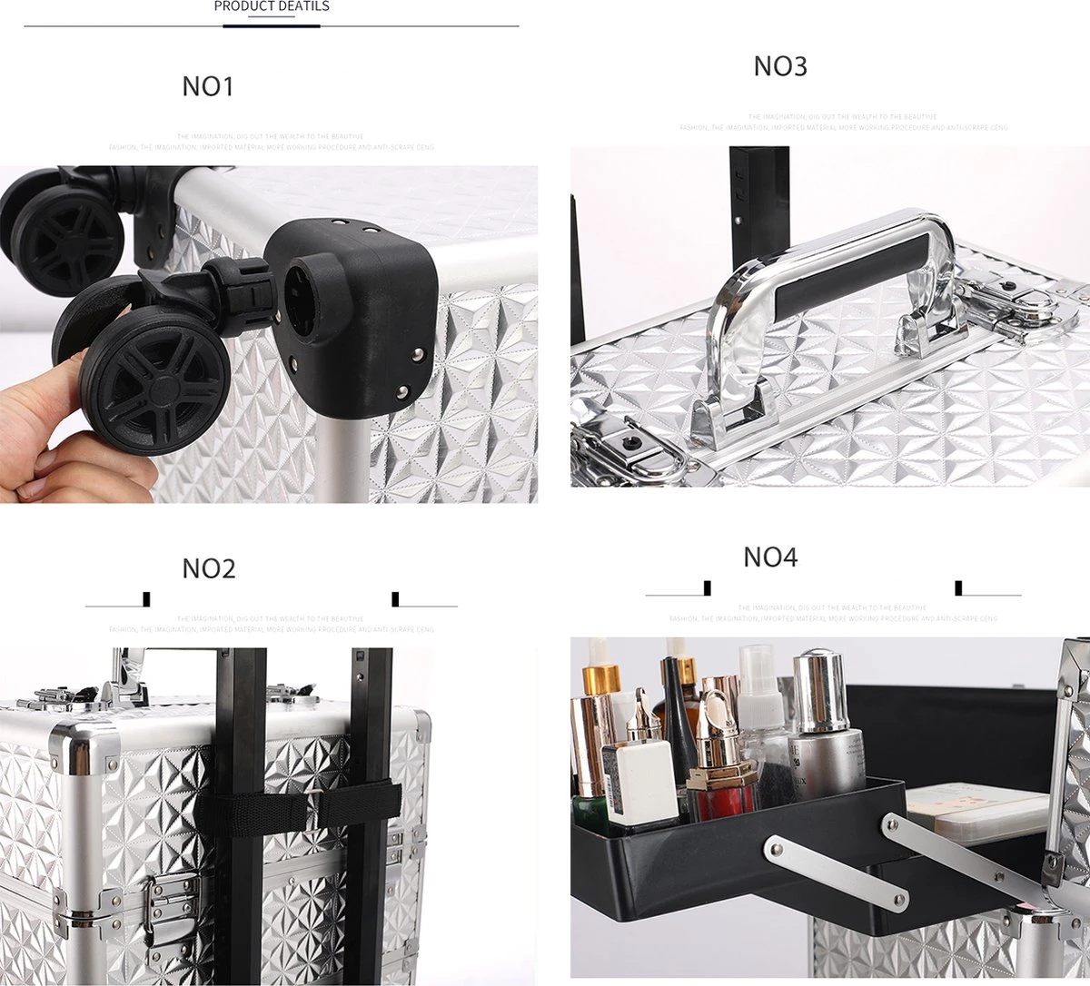 Kapper Koffer Gouden Kleur | Nagel | Visagist | Make-up | Cosmetica | Schminken | Trolley Stevig En Gemaakt Van Aluminium | 3 Delig | 8 Wielen | Bedekt Met Mooie Diamantjes 5 Kapper Koffer Gouden Kleur | Nagel | Visagist | Make-up | Cosmetica | Schminken | Trolley Stevig En Gemaakt Van Aluminium | 3 Delig | 8 Wielen | Bedekt Met Mooie Diamantjes - Afbeelding 3