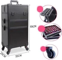 Beautycase / Beautykoffer / Trolley Voor Opbergen Van Uw Persoonlijke Verzorgingsproducten In 3 In 1 Van Aluminium - Bekleed Zwart Fluweel - 8wielen - Kapper - Tattoo - Nagel - Visagie - Make-up - Cosmetica - Schmink - Beauty Case / Beauty Koffer