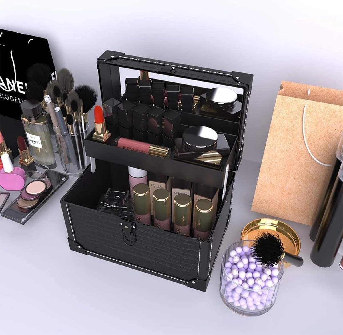Make Up Koffer- Make Up Organizer- Beautycase -zwart -Make-upkoffer- Multifunctionele Koffer- Make-upkoffer- Sieradenkoffer- Kapperskoffer- Afneembare Schouderriem- Klassieke Zwarte Beautycase 4 Make Up Koffer- Make Up Organizer- Beautycase -zwart -Make-upkoffer- Multifunctionele Koffer- Make-upkoffer- Sieradenkoffer- Kapperskoffer- Afneembare Schouderriem- Klassieke Zwarte Beautycase - Afbeelding 3