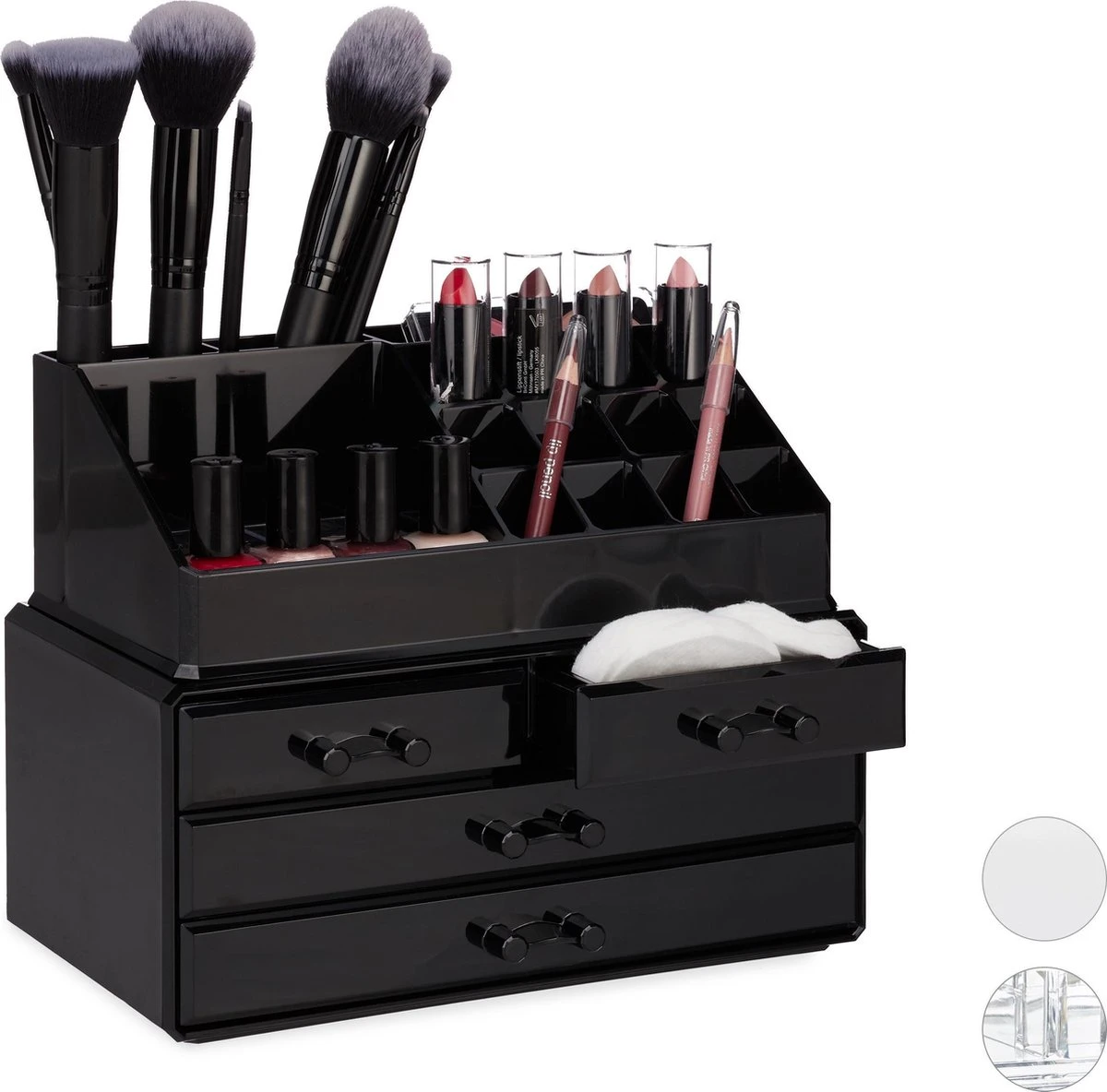 Relaxdays Make-up Organizer - Tweedelig - Cosmetica Opbergdoos + Lippenstift Houder - Zwart 6 Relaxdays Make-up Organizer - Tweedelig - Cosmetica Opbergdoos + Lippenstift Houder - Zwart - Afbeelding 4