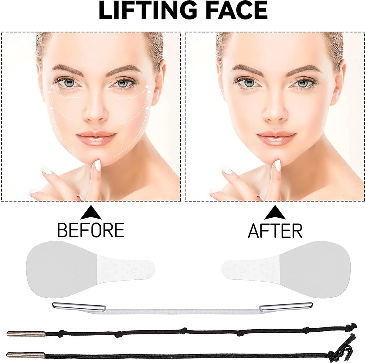 Facelift Tape - Face Tape - Gezicht Tape - Face Tape Lift - Beauty Tape - Facelift Tape Met Elastiek - 40 Stickers + 3 Verschillende Touwtjes 4 Facelift Tape - Face Tape - Gezicht Tape - Face Tape Lift - Beauty Tape - Facelift Tape Met Elastiek - 40 Stickers + 3 Verschillende Touwtjes - Afbeelding 2