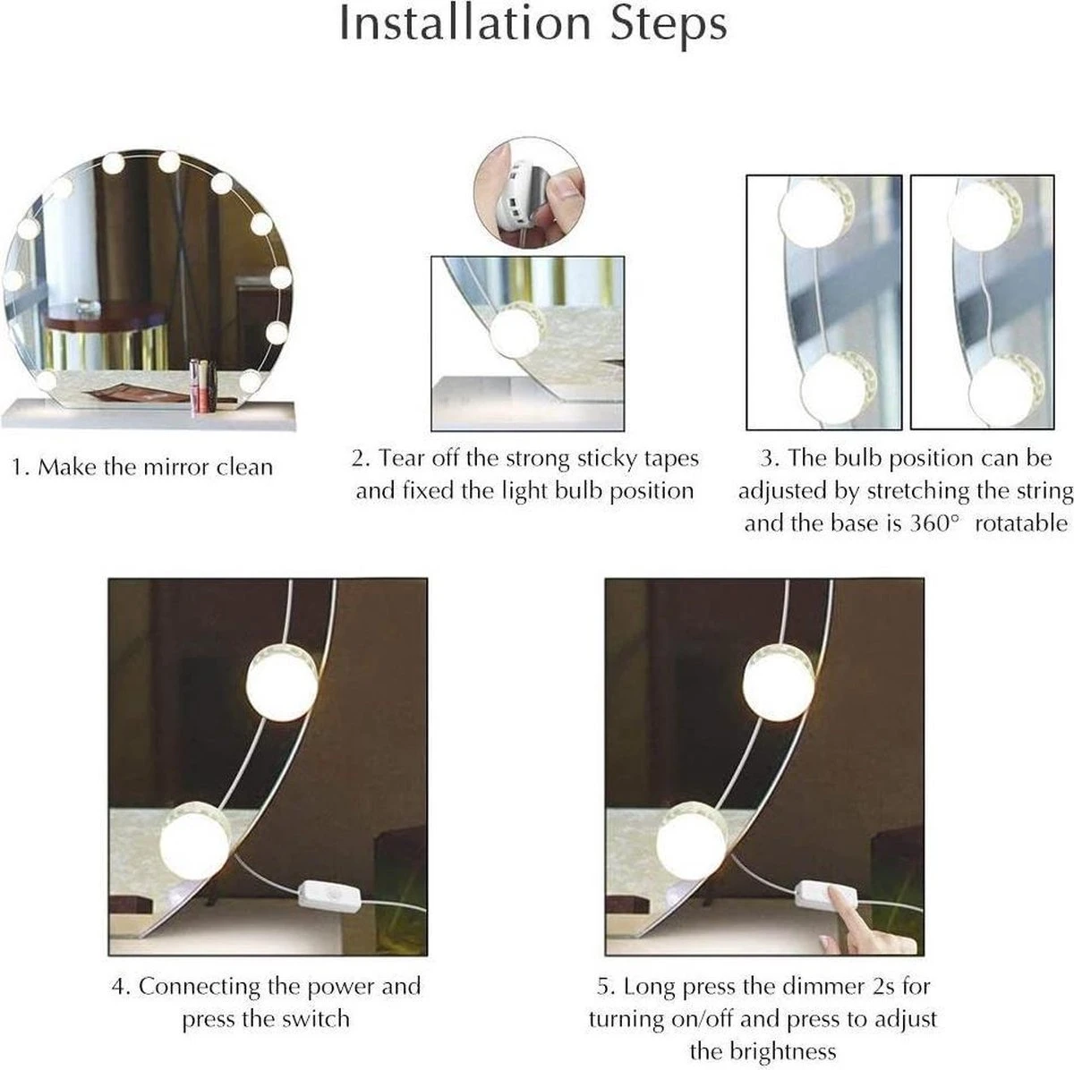 Merkloos LED Spiegel | 10 LEDS | Make-up Spiegel | Helderheid Aanpasbaar | USB Voeding | Geheugenfunctie 7 Merkloos LED Spiegel | 10 LEDS | Make-up Spiegel | Helderheid Aanpasbaar | USB Voeding | Geheugenfunctie - Afbeelding 5