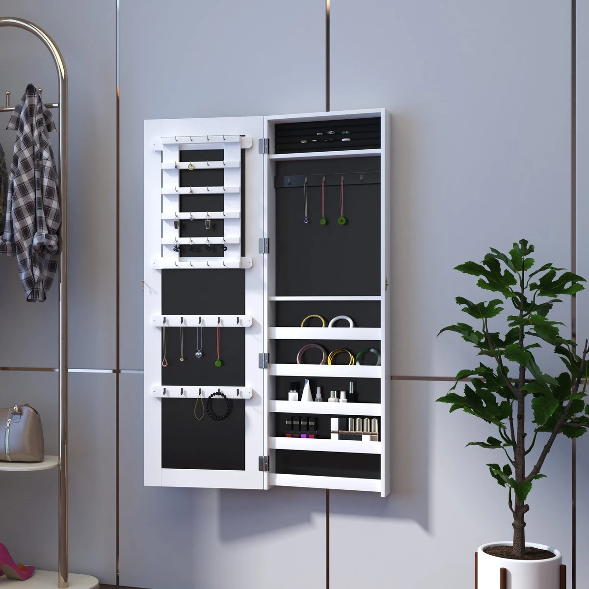 HOMCOM 2-in-1 Sieradenkast Wandspiegel Spiegelkast Sieraden Ladekast Spiegel 833-102WT 12 HOMCOM 2-in-1 Sieradenkast Wandspiegel Spiegelkast Sieraden Ladekast Spiegel 833-102WT - Afbeelding 10