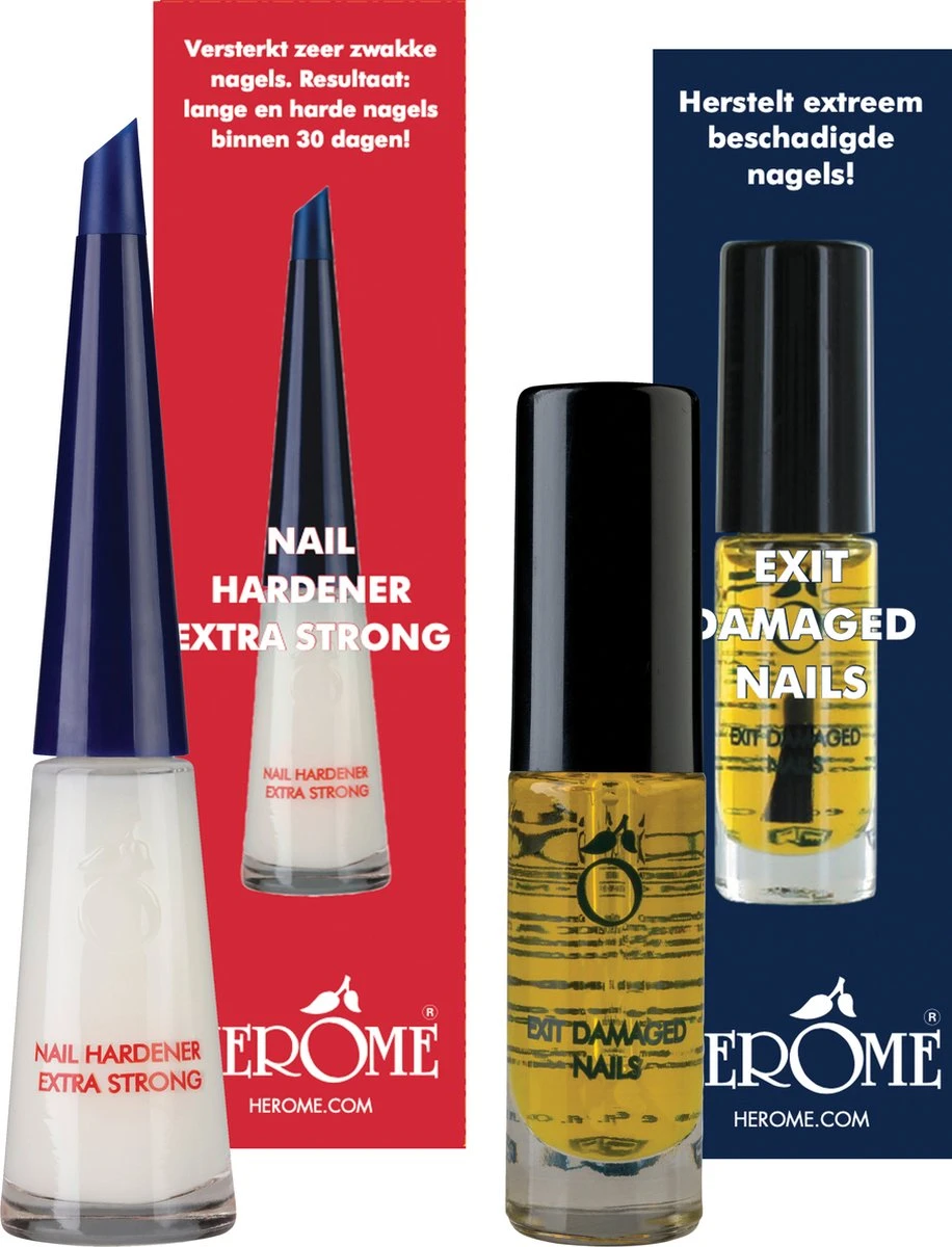 Herome Combi-Pack Exit Damaged Nails & Nagelverharder Extra Sterk (Nail Hardener Extra Strong) - Herstelt Beschadigde Nagels En Zorgt Voor Ijzersterke Nagels - 7ml. & 10ml. 3 Herome Combi-Pack Exit Damaged Nails & Nagelverharder Extra Sterk (Nail Hardener Extra Strong) - Herstelt Beschadigde Nagels En Zorgt Voor Ijzersterke Nagels - 7ml. & 10ml.